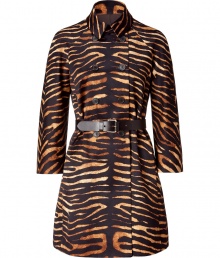 Luxurious, stylish short coat in trendy, sophisticated animal printed cotton - Classic collar, double-breasted button-down front, bracelet-length raglan sleeves - Wonderfully feminine silhouette, slightly flared, narrow waist with dark brown leather belt - Looks great with a multitude of outfits including slim jeans, pant suits and heels or a cocktail dress and sandals