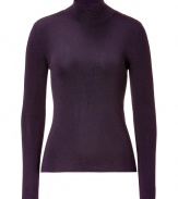 Ultra luxurious in richly tinted cashmere-silk, Akris purple heather pullover is a chic choice for cool-weather looks - Mock collar with front slit, long sleeves, triangular seam detail at throat - Form-fitting - Wear with wide-legged trousers and understated elegant accessories