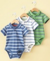 Stripes keep him modern in this preppy polo-styled bodysuit from First Impressions.