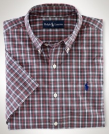 Cut for a relaxed, classic fit, a short-sleeved sport shirt is crafted from crisp cotton poplin in traditional tartan plaid for an authentic look.