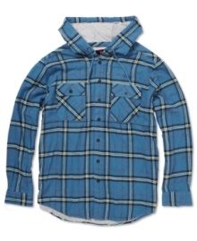 You'll look prepped for fall style in this trendy and comfortable hooded plaid shirt by Quiksilver.