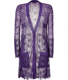 Luxe cardigan in fine, viscose and cupro blend - Elegant and chic, classic Missoni knit - On-trend, colorway in vibrant shades of purple - New, lengthier straight silhouette tapers gently at waist - Deep V-neck and long button placket - Two oversize front patch pockets - Delicate, decorative hem and cuffs - Sophisticated and modern, ideal for both work and play - Pair with cigarette pants, skinny jeans or a pencil skirt