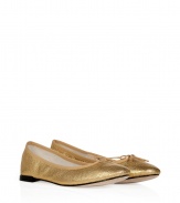 Bring the bling in these bold silver ballet flats from Repetto - Classic ballet flat styling, front bow detail, leather sole, low heel, shiny gold metallic leather - Pair with a full skirt and a tie-front top or a frilly mini dress