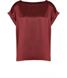 Both elegant and modern, Brunello Cucinellis rust stretch silk top is a chic choice for putting a contemporary feminine spin on tailored looks - Boat-neckline, softly rolled short dolman sleeves - Easy straight silhouette - Team with sharply tailored trousers and understated elegant accessories