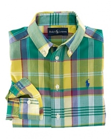 A tried-and-true button-front design is rendered in a vibrant madras plaid.