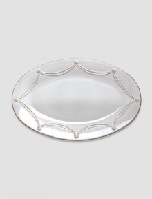 A beautiful stoneware platter is handcrafted to bring rustic detail and irresistibly romantic European charm to a memorable dinner or party. 11½W X 18L Dishwasher and oven safe Imported