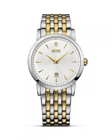 An ultra-slim silhouette and curved dial make this HUGO BOSS watch an elegant choice.