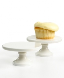 Indulge a little. These pint-sized cake stands are just the thing for cupcakes, fruit tarts or a pile of cookies, showcasing any sweet treat against pure white porcelain. From Martha Stewart Collection.