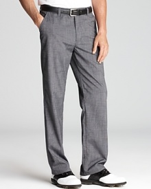 A smart trouser with witty details sets you on course for a fun round of golf. On the inner fly placket, enjoy reading your personal mantra, Sorry for being awesome. Also, the hidden ball-drop pocket on the right side allows for discreet placement of your misplayed ball. Not that you would do that. Wink wink.