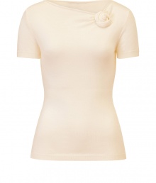 Raise the bar on ladylike luxe with Valentinos undeniably elegant ivory wool top -  Feminine, fitted silhouette tapers gently through waist  - Short sleeves and flattering draped neckline with rosette embellishment - Seamlessly transitions from the office to dinner, drinks and events - Pair with pencil skirts, cigarette pants or ankle-cropped trousers and style with ballet flats or classic pumps