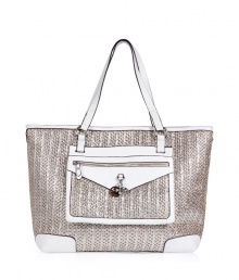 Give your party-ready ensemble extra appeal with this fun shoulder bag from Juicy Couture - Classic carryall style, top carrying handles, front zip pocket with charm detail and embossed logo, woven silver tote with contrasting white trim - Pair with a frilly party frock or wide leg trousers and a blouse and statement heels