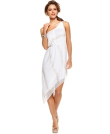 Rock chic style like your favorite starlet in a sparkling, grecian-inspired party dress that sports trend-right asymmetrical design! From Ruby Rox.