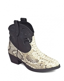 Kick it up in these Sam Edelman Western booties that feature classic cowgirl style: stacke heels, scrollwork leather, and snake-embossed leather.