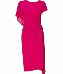 Elevate your cocktails collection with this exquisitely pleated draped dress from Donna Karan - Round neckline, asymmetrical cap sleeves with drape detail, V back with pleated side detail - Form-fitting - Wear with heels and a dusting of fine jewelry