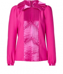 Spectacularly chic and retro-inspired, this shocking pink top from Anna Sui adds a stylish impact to every look - Pleated Peter Pan collar, long puff sleeves with gathered cuffs, decorative pintuck-detailed front, slim fit, concealed back zip closure - Style with skinny jeans, cropped trousers, or a pencil skirt