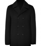 Bring classic sophistication to your cold weather style with this wool peacoat from Jil Sander - Wide notched lapels, long sleeves, front button placket, double-breasted, slit pockets - Style with a cashmere pullover, straight leg jeans, and suede ankle boots