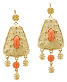 Style inspired by a faraway land. T Tahari's exotic triangular-shaped drop earrings come from the culturally-inspired Marrakesh Collection and feature beautiful coral resin accents set in gold tone mixed metal. Base metal is nickel-free for sensitive skin. Approximate drop: 3 inches.