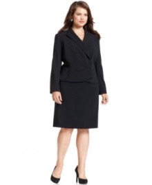 Sharply cut yet still exquisitely feminine, Tahari's plus size skirt suit features unique wrap-like styling and shape-defining tailoring.