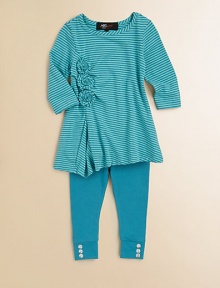 A fun set that pairs a striped, rosette accented tunic with solid leggings for a modern look. Tunic ScoopneckThree-quarter length sleevesPull-on styleRosettes with darted accentedAsymmetrical hem Leggings Elastic waistband95% cotton/5% spandexMachine washImported