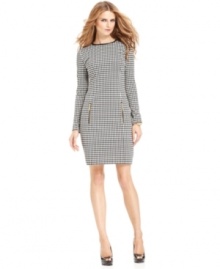 A classic houndstooth print and shiny gold zippered pockets embolden this long-sleeve petite sheath from MICHAEL Michael Kors.