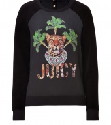 Take a walk on the wild side in Juicy Coutures tiger print paneled velour sweatshirt - Rounded neckline, long sleeves, snap closures at nape, fitted cuffs and hemline, silky front panel with print - Classic straight cut - Wear with chunky chain jewelry and jet black skinnies