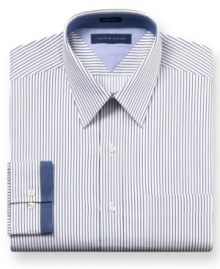 Add eye-catching appeal to the workday with this striped Tommy Hilfiger dress shirt.