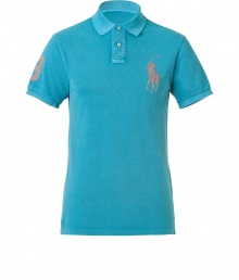 For a modern riff on a venerable classic, try Ralph Laurens big logo polo shirt - Soft yet durable turquoise pique cotton - Slim, straight cut - Small collar and short button placket - Oversize polo pony logo at chest and numbered sleeve - Hem hangs slightly longer in the back - Casually cool, ideal for everyday leisure - Pair with jeans, chinos or shorts