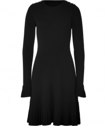 Demure yet highly chic, this luxe cashmere-blend knit dress from Azzaro is the perfect solution for office-to-evening style conundrum - Round neck, long sleeves with ruffle cuff, crystal buttons at shoulders, fitted bodice, flared skirt with pleated ruffle hem - Wear with peep-toe platforms and a statement clutch