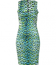 Work a wild edge into your cocktail attire with Just Cavallis eye-catching leopard print shift dress - Scoop neckline, medium-width straps, hidden back zip, kick pleat - Form-fitting - Wear with platform pumps and a jet black leather clutch