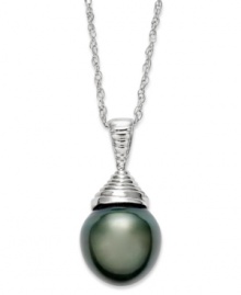 Richly colored and precisely detailed, this cultured Tahitian pearl pendant (10-11 mm) adds an element of elegance and sophistication to any look. Set in sterling silver. Approximate length: 18 inches. Approximate drop length: 1 inch. Approximate drop width: 3/8 inch.