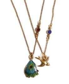 Tailor to your bohemian side with this inspiring charm necklace by Lucky Brand. Features a double chain with a brightly colored enamel peacock feather and a fluttering bird charm. Crafted in gold tone mixed metal with sparkling accent stones. Approximate length: 16 inches + 1-3/4 inch extender.