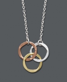 An eternal circle design that's effortlessly stylish. Studio Silver's pendant features three interlocking circles in a variety of metallics for truly versatile style. Crafted in sterling silver, 18k rose gold over sterling silver. and 18k gold over sterling silver. Approximate length: 16 inches. Approximate drop: 1/4 inch.