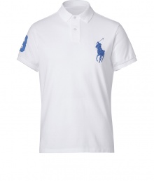 Detailed in breathable and durable cotton mesh, Ralph Laurens big pony polo is a cool modern take on this classic cut style - Small collar, button placket, short sleeves, oversized embroidered polo player at chest, number patch on sleeve, slit sides, high-low hemline - Classic fit - Wear with everything from jeans and sneakers to colored cords and loafers