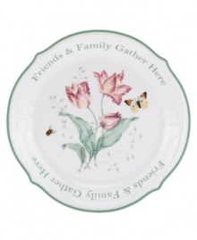 Let your creativity shine through with Butterfly Meadow mix-and-match dinnerware. A beautiful accent to the collection and thoughtful hostess or housewarming gift, this sweet dessert platter features a delightful garden scene and the message: Friends & Family Gather Here. Qualifies for Rebate