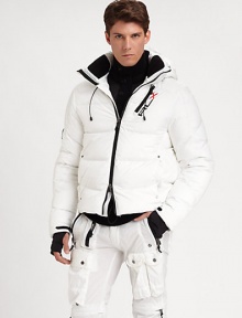 A water-resistant and repellent down jacket features interior techno-fleece piecing and is designed with a wind-guard hood, storm cuffs and thumbholes for added protection against the elements.Two-way zip frontRemovable drawstring hoodZippered chest, waist pocketsAbout 23 from shoulder to hemNylonMachine washImported