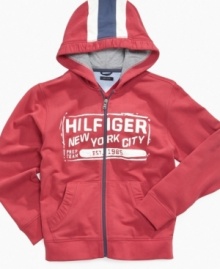 Racing stripe cool. This hoodie from Tommy Hilfiger will give his look a sleek style.