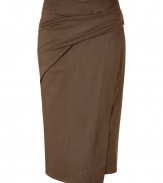 Luxurious skirt in a fine caramel brown linen-wool blend - With trendy sarong wrapped draping and in the absolute trendy and new midi length - The awesome alternative to the eternal pencil skirt - Slim cut, wonderfully comfortable, thanks to a little stretch - Wear to the office (with a shirt or blouse and blazer) or after work (with a top and leather jacket)