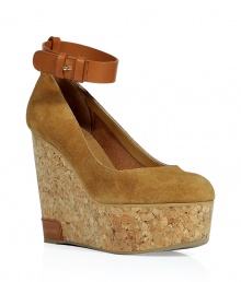 Luxe wedges in fine, light brown suede - A sexy, stylish nod to 70s chic - Adjustable tan leather ankle strap - 5 cork wedge and approximately 2 contoured cork platform - Suede upper and leather lining - Rubber sole and padded insole - Vibrant and glam, not to mention sturdy! - Pair with a sheath dress, wide-leg trousers or an A-line skirt