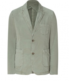 Stylish jacket in fine, pale green cotton stretch blend - A casually cool, summer-ready take on the traditional blazer - Small collar and notched lapels - Two-button closure, rear vent and three patch pockets - Slim, straight silhouette - Relaxed yet chic, seamlessly transitions from work to weekend - Pair with a button down or t-shirt and jeans, chinos or linen trousers