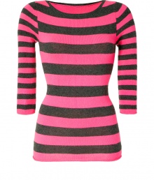 Update your cold weather look with this ultra-chic striped cashmere pullover from Dear Cashmere - Round neck, three-quarter sleeves, slim fit, long body - Pair with skinny jeans, embellished ballet flats, and a sleek parka