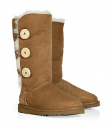 Logo-detailed buttons and an easy-to-style tall length makes these cozy-chic shearling boots from UGG Australia a cold weather must-have- Round toe, rugged rubber sole, cozy shearling lining, back logo detail, mid-shaft length, three-button side closure - Pair with skinny jeans, an oversized cashmere sweater, and a down jacket or wool cape