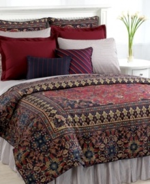 Featuring an ornate Persian rug design in rich hues of navy and burgundy, this Lauren Ralph Lauren comforter is undeniably distinguished. Featuring 100% cotton with a printed face and textured reverse, finished with a decorative cord along the edges.