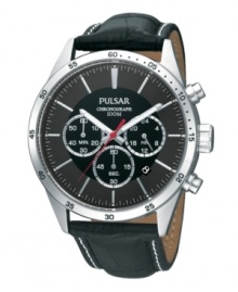 Achieve stately style with this masculine chronograph watch by Pulsar. Black croc-embossed leather strap with contrast stitching and round stainless steel case with black numerals at bezel. Black chronograph dial features applied silver tone stick indices, white minute track, date window, three subdials, luminous hour and minute hands, red second hand and logo. Quartz movement. Water resistant to 100 meters. Three-year limited warranty.