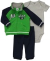 Hit his casual style out of the park with this darling athletic-inspired 3-piece bodysuit, jacket and pant set from Carter's.