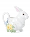 This silly rabbit hippity-hops from brunch to teatime. Featuring a white porcelain coat with a raised bouquet and butterfly, the Butterfly Meadow bunny creamer delights diners of all ages. Qualifies for Rebate