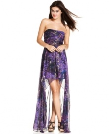 Bold and bewitching, with brushstrokes of metallic to highlight the most stunning print, this high-low style strapless gown from Jump is designed to own the night.