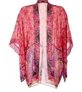 Work an edge of vintage romance into fashion-forward looks with Anna Suis dramatic floral print kimono - Open front with contrast trim, draped elbow-length sleeves - Loosely draped silhouette - Wear belted with bright heels over form-fitting sheath dresses