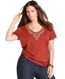 Top off your weekend look with Lucky Brand Jeans' plus size tee, featuring an embellished neckline.