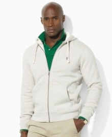 A classic-fitting full-zip hoodie in soft-washed cotton fleece is smooth on one side with a soft, fuzzy interior.