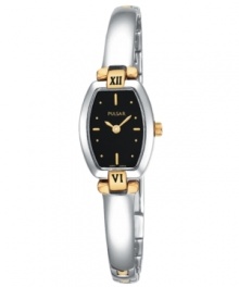 A unique design from Pulsar by Seiko, this bangle watch doubles as a jewelry accessory. Stainless steel bangle bracelet and cushion-shaped case with goldtone accents. Bezel features black Roman numeral twelve at top and six at bottom. Black dial features goldtone stick indices and dot markers, two hands and logo. Quartz movement. Water resistant to 30 meters. Three-year limited warranty.